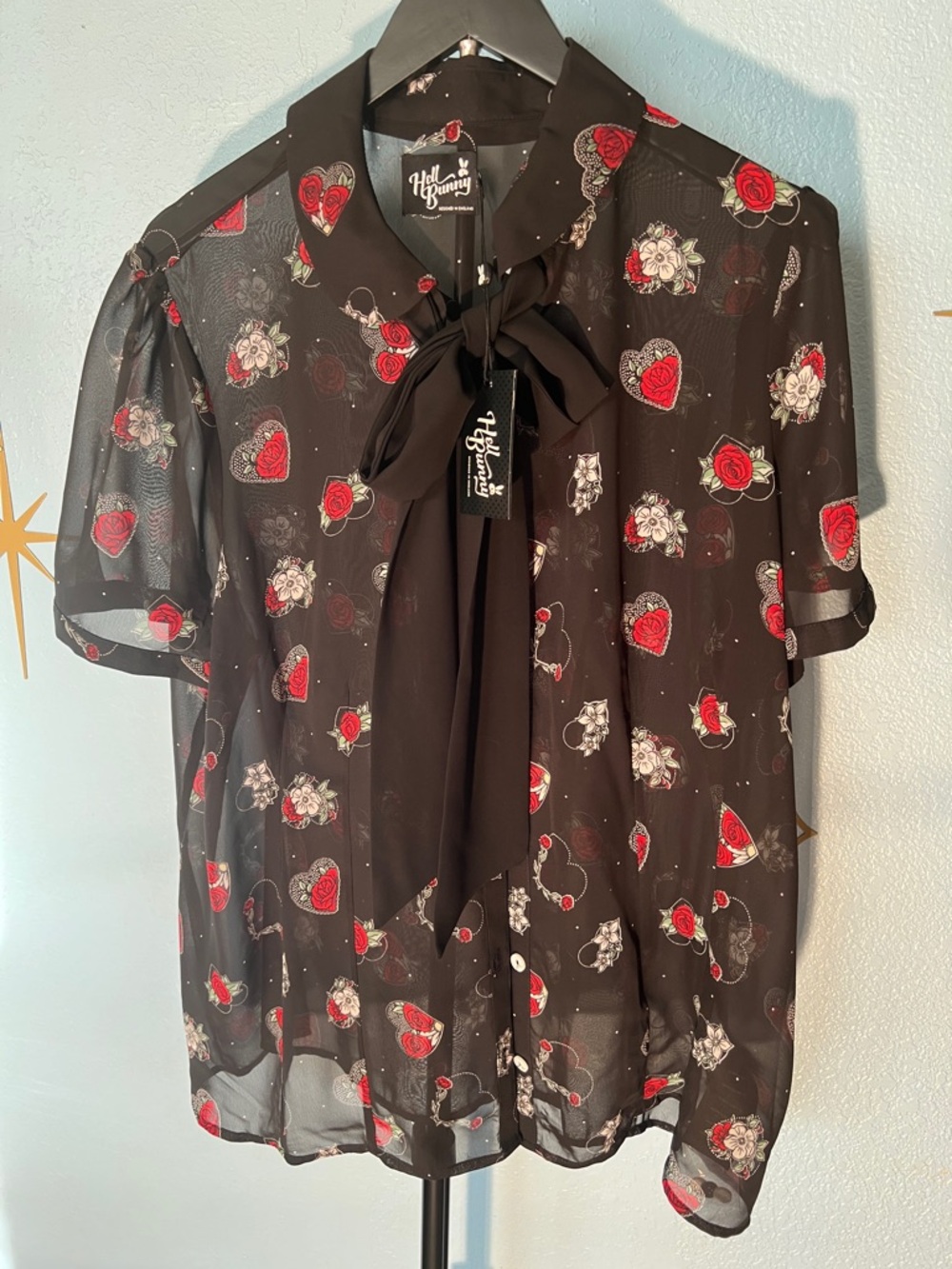 Hell Bunny Black Sheer Bow Blouse with Red Heart & Rose Motif